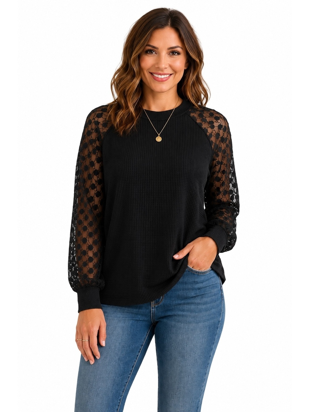073. NWT! MIHOLL•Black Waffle Knit Top with Sheer Polka Dot Mesh Sleeves•XL